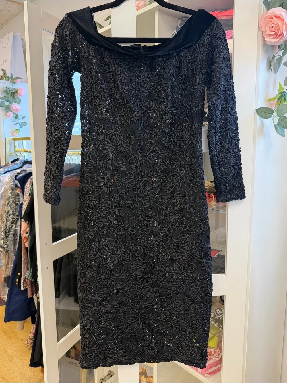 Anne Fontaine Lace Embroidered Semi Sheer Dress Velvet Collar Black Sz 38 US 4 6